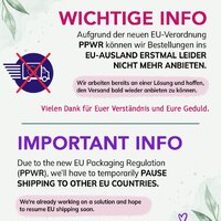 ❗️Wichtige Information zu unserem EU-Versand!!!

Aufgrund der neuen EU-Verpackungsverordnung (PPWR) müssen wir den Versand in andere EU-Länder vorerst pausieren.

Wir wissen, dass das für viele von Euch sehr ärgerlich ist – und auch für uns ist das keine leichte Entscheidung. 💚

Wenn Ihr weiterhin bei uns bestellen möchtet, schreibt uns gerne eine DM oder kontaktiert uns per E-Mail. Wir prüfen gerne gemeinsam, ob wir für Eure Bestellung eine vorübergehende Lösung finden können.

Wir arbeiten parallel daran, den EU-Versand schnellstmöglich wieder regulär anbieten zu können.

Vielen Dank für Euer Verständnis, Eure Geduld und Eure Unterstützung. 🤍

❗️Important information about EU shipping

Due to the new EU Packaging Regulation (PPWR), we have to temporarily pause shipping to other EU countries.

We know this is frustrating for many of you – and it is not an easy decision for us either. 💚

If you would still like to place an order with us, please send us a DM or contact us by email. We’ll be happy to see if we can find a temporary solution for your order.

In the meantime, we’re working on a solution to resume regular EU shipping as soon as possible.

Thank you for your understanding, patience and continued support. 🤍

#smallbusiness #eu #eulaw #euregulations #ppwr